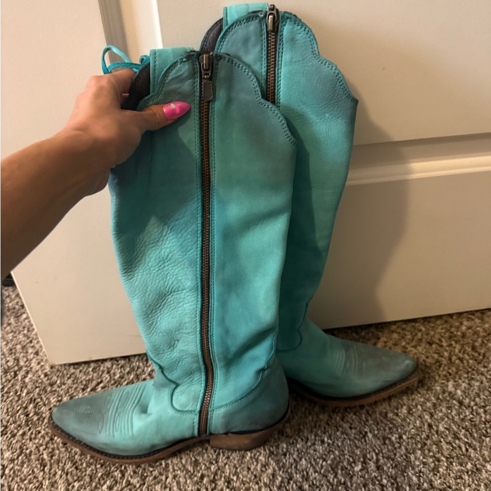 LIBERTY Black Turquoise Heeled Boots with Fringe - Picture 4 of 8